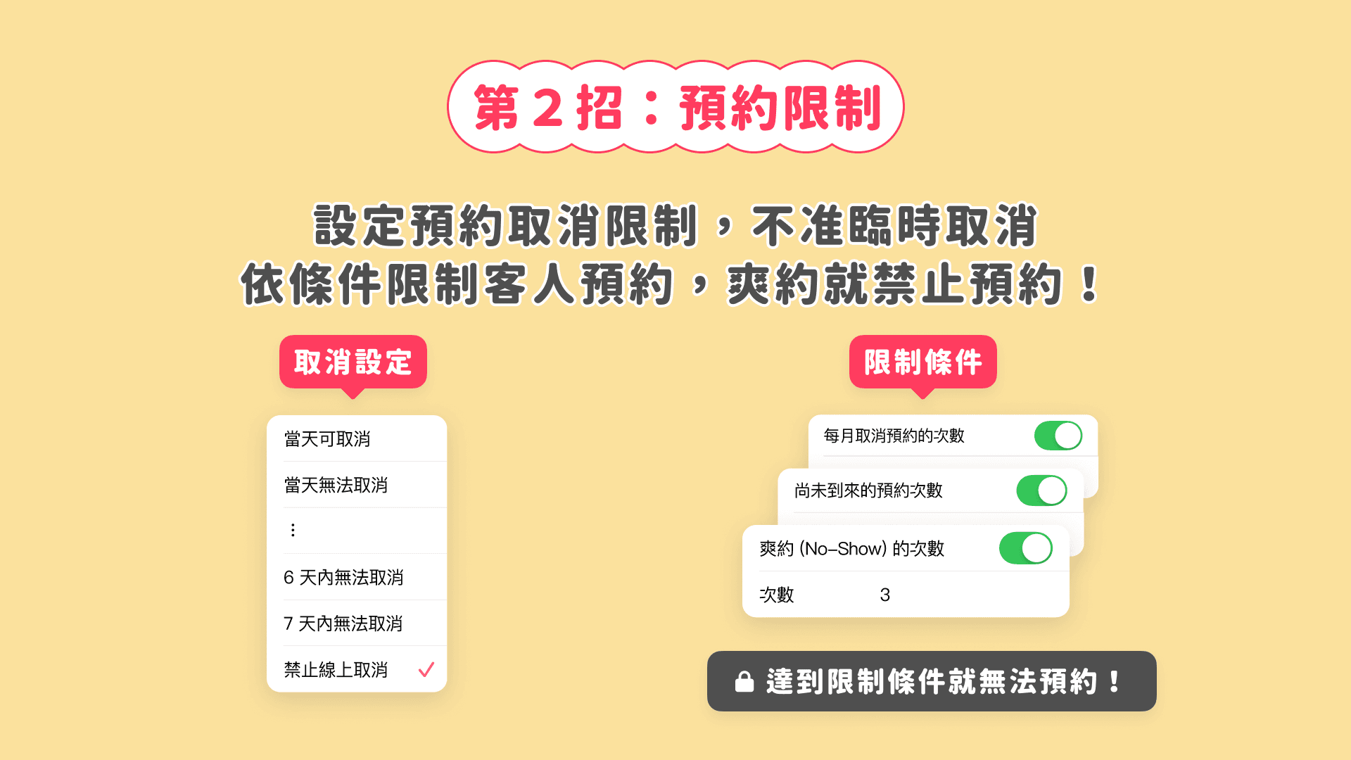 設定預約限制,不准臨時取消!