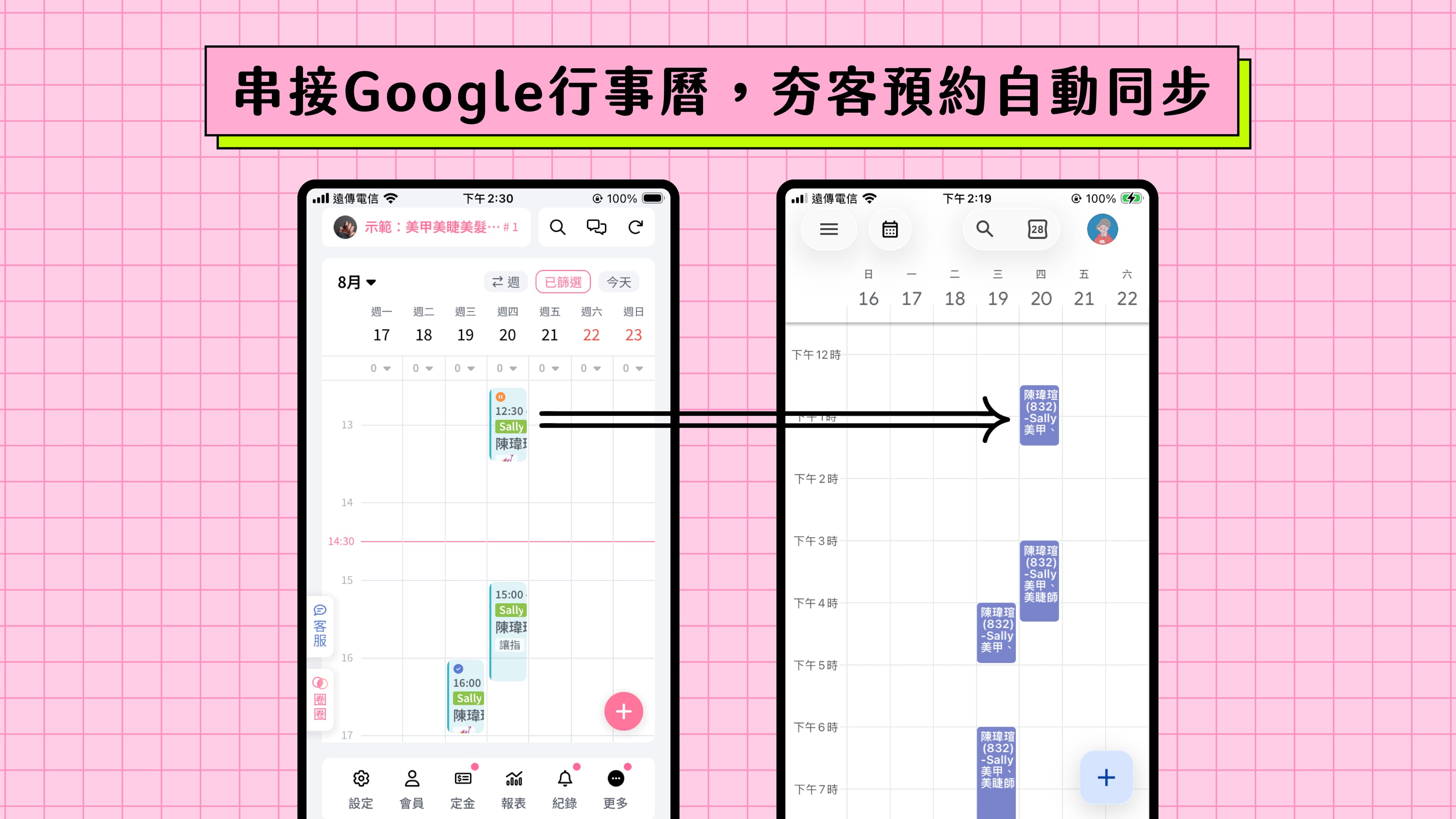 夯客預約系統能與 Google 行事曆自動同步,方便店家查看預約
